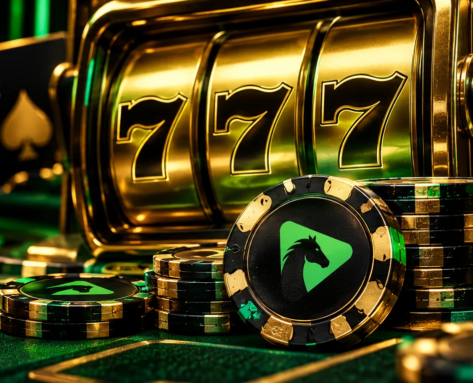 Casino slot machine and poker chips in a dark green and gold casino setting.
