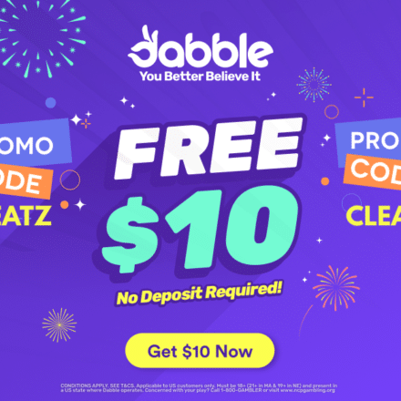Free $10 no deposit bonus image with promo code CLEATZ text for Dabble Fantasy