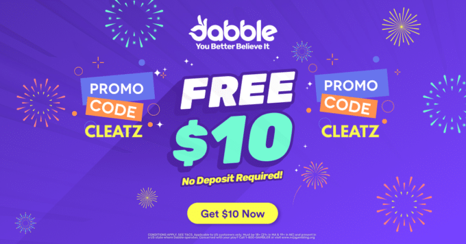 Free $10 no deposit bonus image with promo code CLEATZ text for Dabble Fantasy