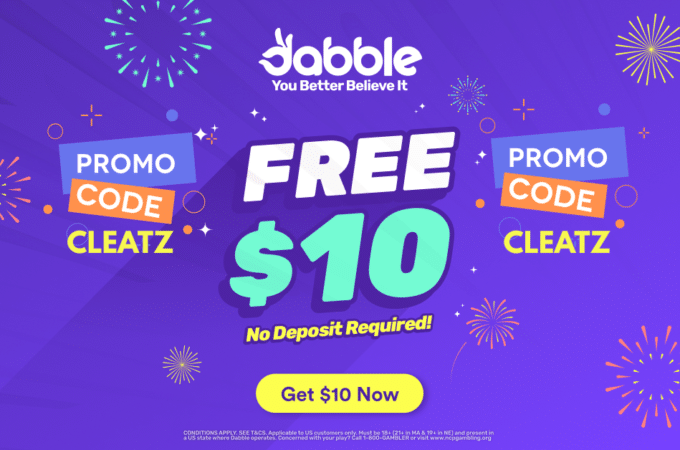 Free $10 no deposit bonus image with promo code CLEATZ text for Dabble Fantasy