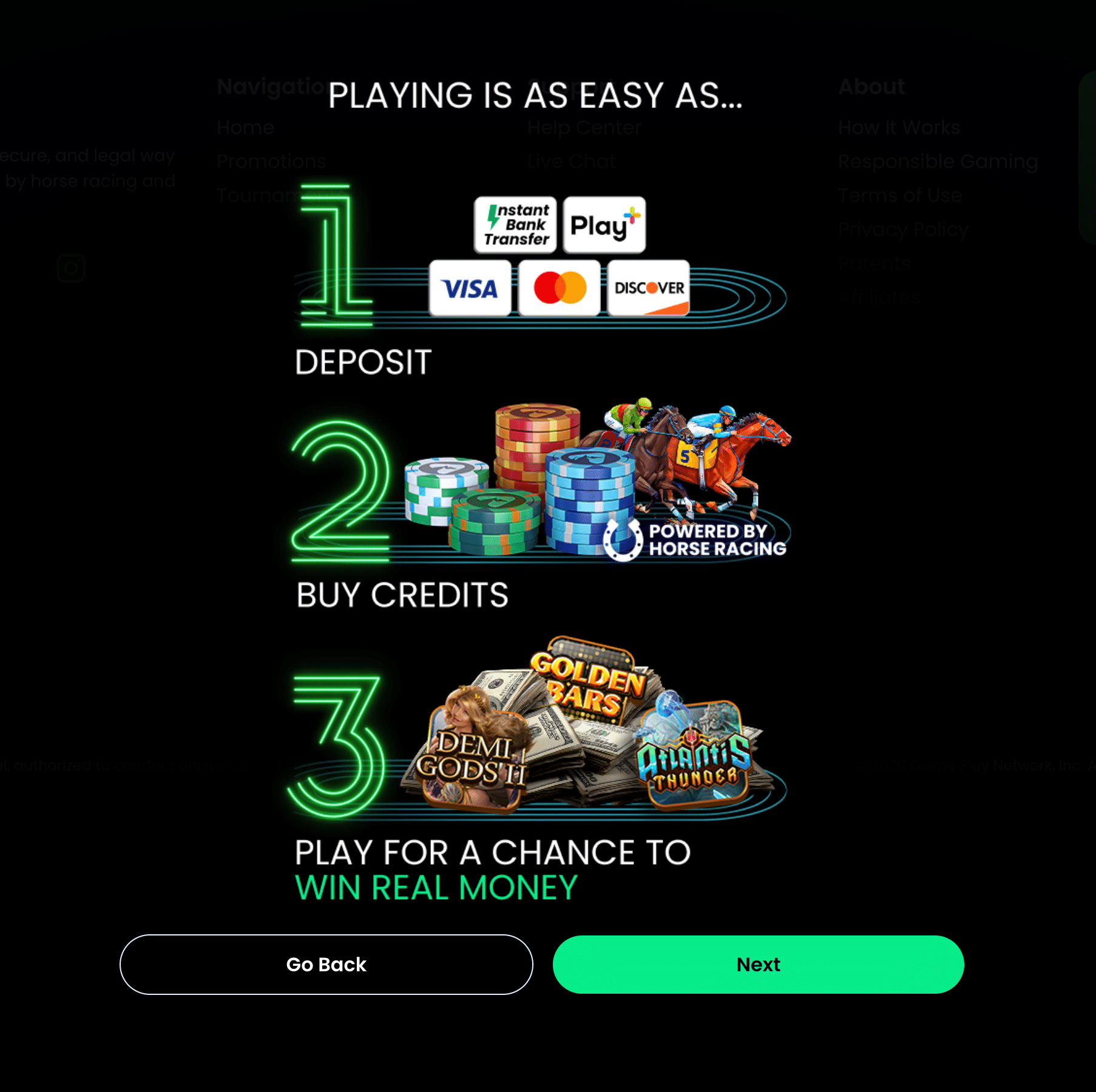 Horseplay onboarding explains the sequence: deposit, buy credits, then play