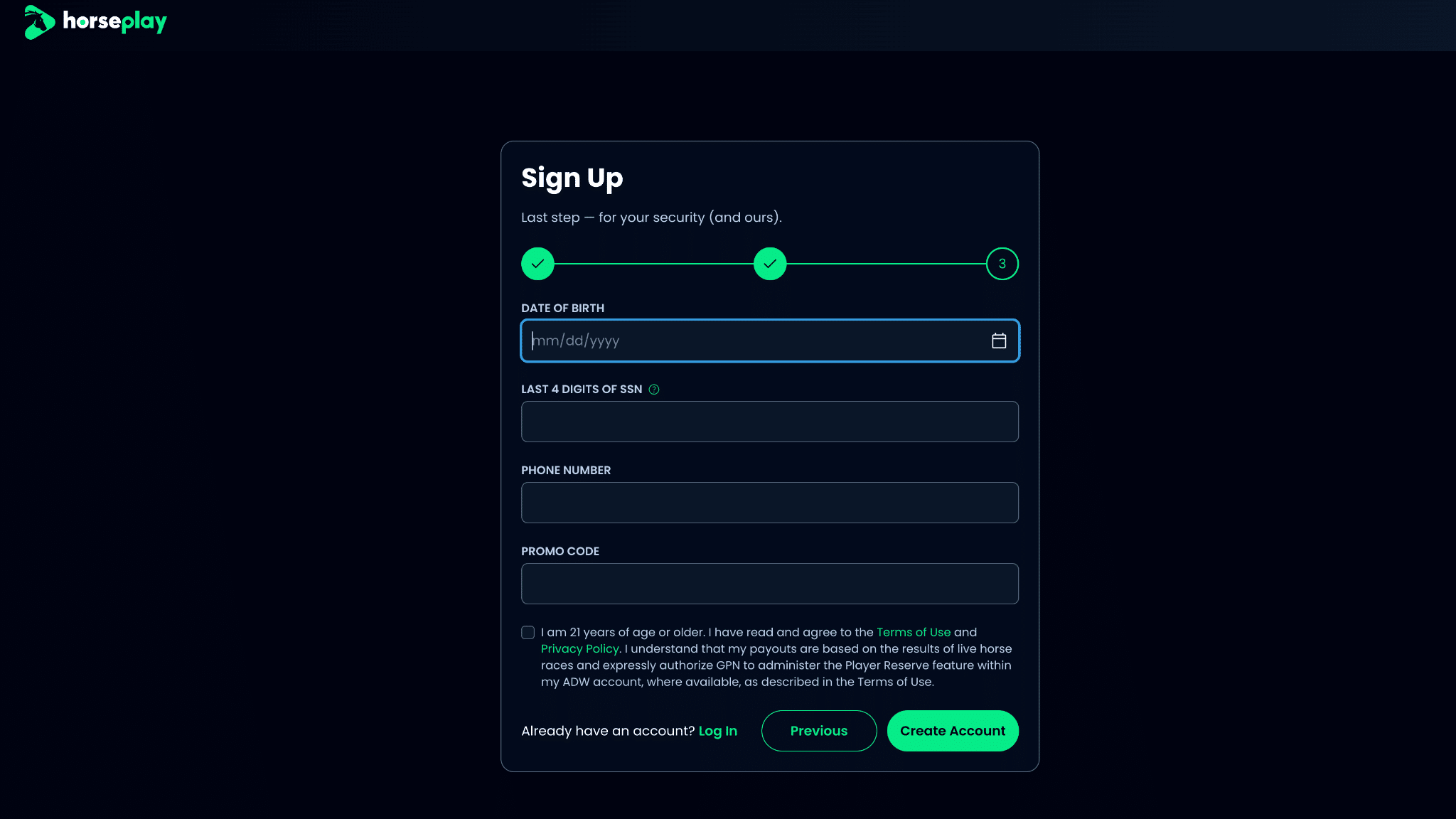 Horseplay signup step 3 with the Promo Code field below Phone Number and above the account agreement