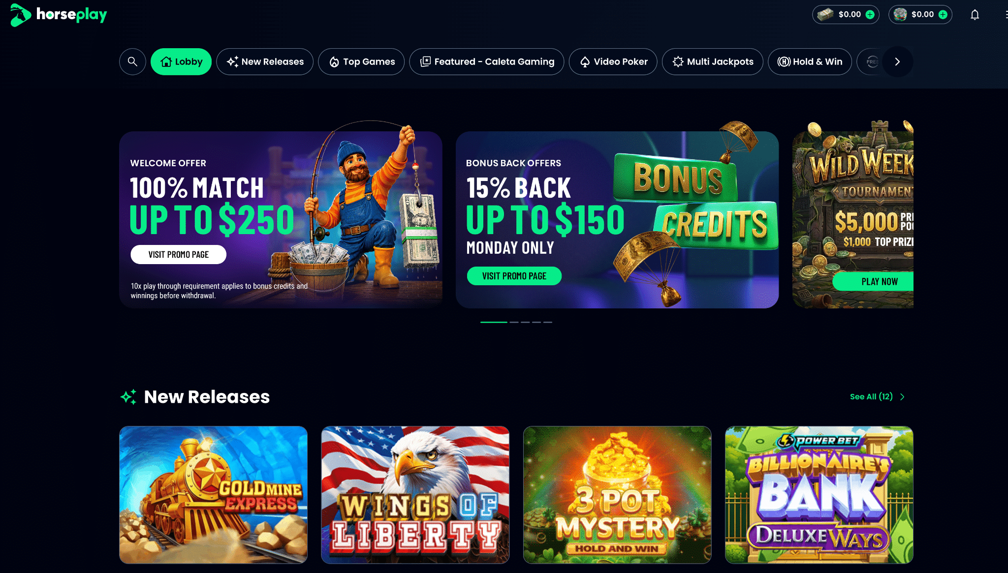 Horseplay lobby advertises a 100 percent welcome match up to 250 dollars with a 10x playthrough condition