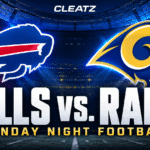 Buffalo Bills and Los Angeles Rams logos in a stadium beneath CLEATZ branding for Monday Night Football.