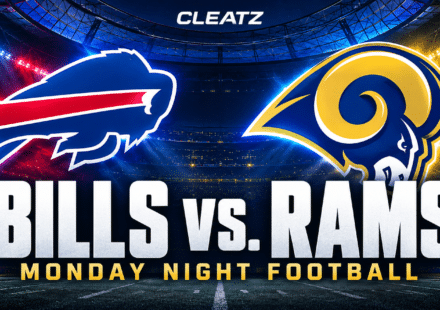 Buffalo Bills and Los Angeles Rams logos in a stadium beneath CLEATZ branding for Monday Night Football.