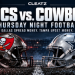 Buccaneers and Cowboys helmets facing off under stadium lights for CLEATZ’s Thursday Night Football betting preview.