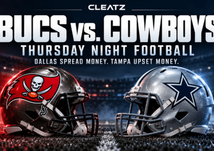 Buccaneers and Cowboys helmets facing off under stadium lights for CLEATZ’s Thursday Night Football betting preview.