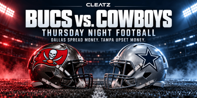 Buccaneers and Cowboys helmets facing off under stadium lights for CLEATZ’s Thursday Night Football betting preview.