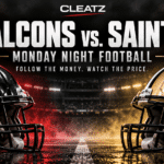Atlanta Falcons and New Orleans Saints helmets facing off under stadium lights for Monday Night Football.