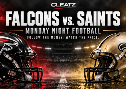 Atlanta Falcons and New Orleans Saints helmets facing off under stadium lights for Monday Night Football.
