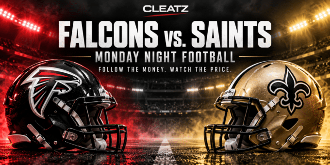 Atlanta Falcons and New Orleans Saints helmets facing off under stadium lights for Monday Night Football.