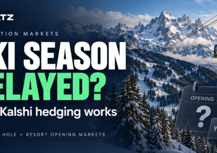 CLEATZ graphic featuring snowy mountains, a red ski tram, and an opening-day calendar illustrating Kalshi ski resort opening markets.