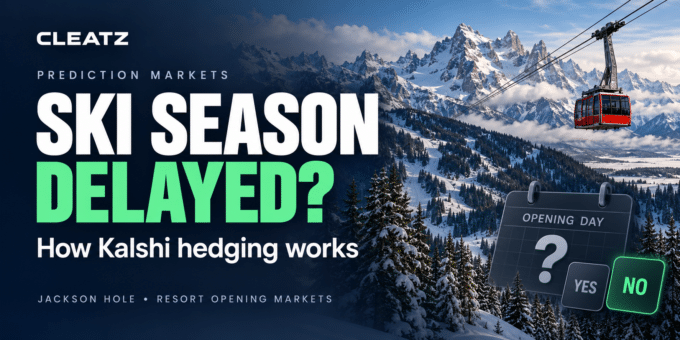 CLEATZ graphic featuring snowy mountains, a red ski tram, and an opening-day calendar illustrating Kalshi ski resort opening markets.