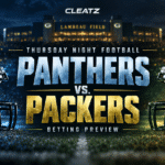 Panthers and Packers helmets at Lambeau Field for CLEATZ’s Thursday Night Football betting preview.