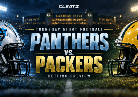 Panthers and Packers helmets at Lambeau Field for CLEATZ’s Thursday Night Football betting preview.