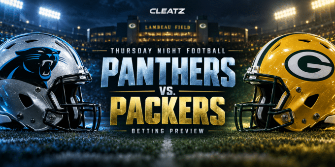 Panthers and Packers helmets at Lambeau Field for CLEATZ’s Thursday Night Football betting preview.
