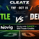 Novig promo code CLEATZ graphic for Seahawks vs. Broncos Thursday Night Football, October 15, 2026