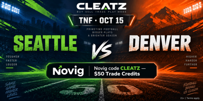 Novig promo code CLEATZ graphic for Seahawks vs. Broncos Thursday Night Football, October 15, 2026