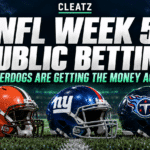 Browns, Giants and Titans helmets beneath a CLEATZ NFL Week 5 headline highlighting underdogs attracting betting action.