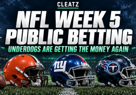 Browns, Giants and Titans helmets beneath a CLEATZ NFL Week 5 headline highlighting underdogs attracting betting action.